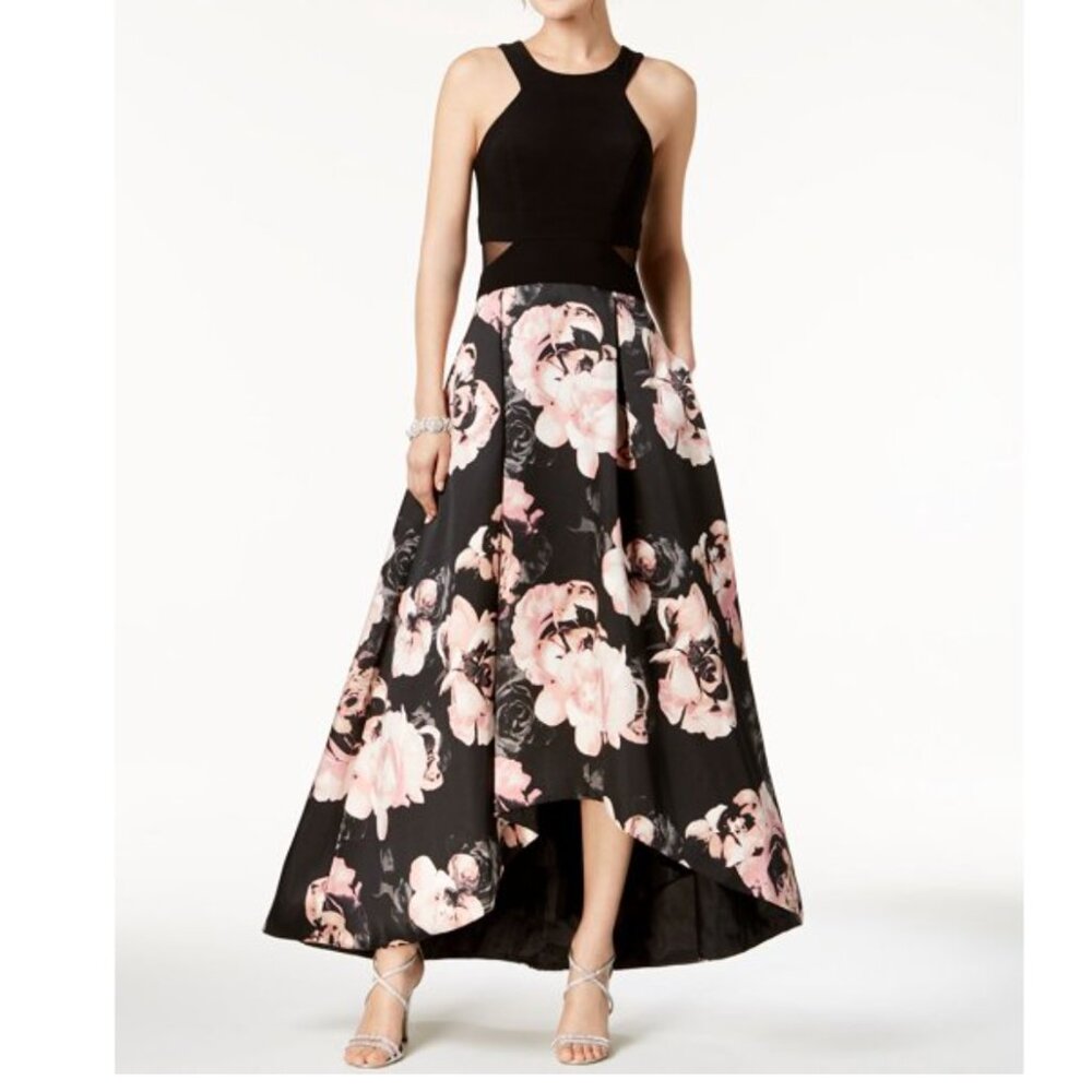 Xscape Solid & Floral-Print High-Low Gown